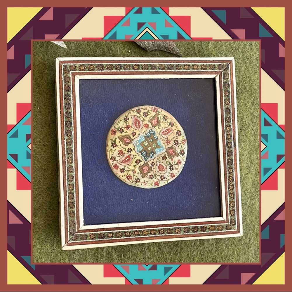 Vintage Persian Khatamkari Inlay Frame | Hand-Painted Miniature Medallion 1 of 2
